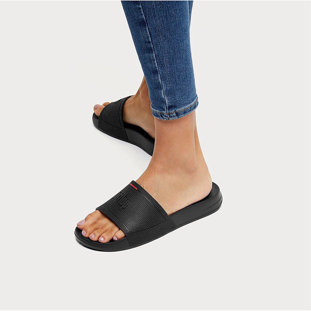 Fitflop Womens Slides Black - Iqushion Pool - 94EUCLQWH